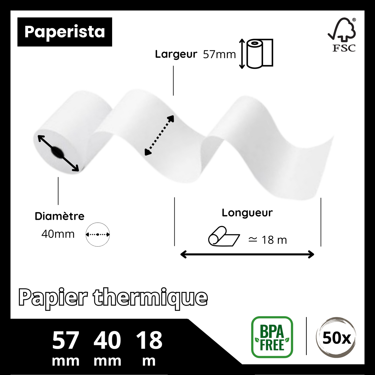 Boîte de 50 Rouleaux de Papier Thermique pour TPE 57x40 mm - 18m